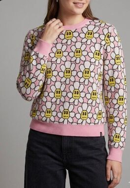 A-Lab Pastel Pink Daisy All Over Print Knit Sweater Medium M Flower Streetwear